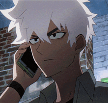 a cartoon character talking on a cell phone with a brick wall in the background