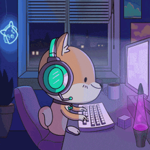 a cartoon of a dog wearing headphones and typing on a computer