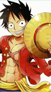 monkey d luffy from one piece is smiling while holding a straw hat