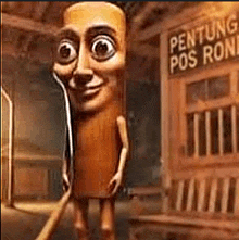 a cartoon character is standing in front of a sign that says pentong pos rone .