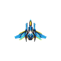 a pixel art of a blue and yellow fighter jet