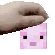 a close up of a person 's hand holding a pink square with a pig face on it .