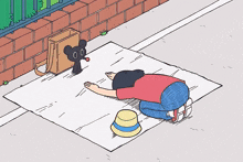 a cartoon drawing of a person kneeling on a blanket next to a black mouse