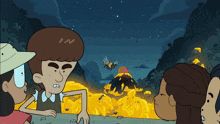 a group of cartoon characters are looking at a volcano with a bee flying over it