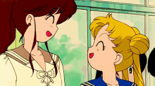 two anime girls are standing next to each other and one of them has a bun on her head