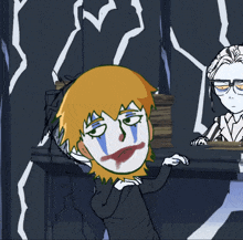 a cartoon drawing of a clown with a bloody mouth