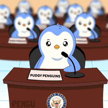 a cartoon of a penguin sitting at a table with a sign that says pudgy penguins