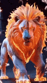 a lion with a fiery mane is standing on a ledge .