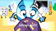 a cartoon character holding a purple object with the words elbow porn written on it