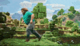 a man in a green shirt is running through a minecraft world