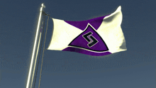 a purple and white flag with a black triangle and the letter l on it