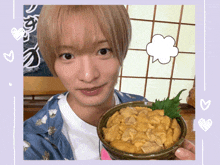 a young man is holding a bowl of food with a speech bubble above him