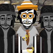 a cartoon of a man wearing a hat and tie with a chain around his neck