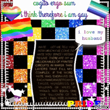 a picture with a rainbow flag and a speech bubble that says i love my husband