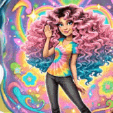a cartoon girl with pink curly hair is wearing a tie dye shirt and jeans and waving .
