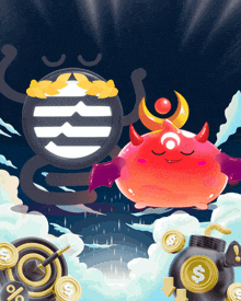 a cartoon illustration of a devil and a target with a dollar sign