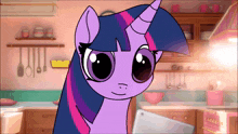 twilight sparkle from my little pony is looking at a tablet in a kitchen