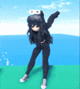 a girl is dancing in a video game with her arms outstretched .