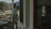 a woman in a dress is standing on a porch next to a house .