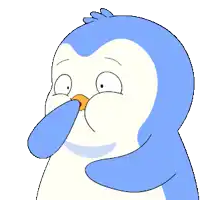 a blue and white penguin with a yellow beak covering its nose