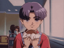 a young boy with purple hair is holding a sandwich in his hands