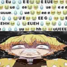 a cartoon character with yellow hair is making a funny face in front of a pattern of emojis .