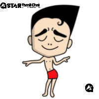 a cartoon of a shirtless man in red shorts with a star tamil chat logo on the bottom