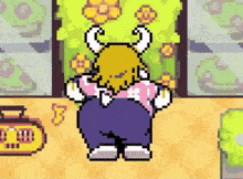 a pixel art of a person with horns standing in front of a radio .