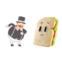 a cartoon character and a slice of bread with a face