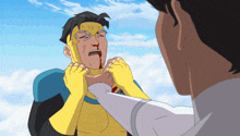 a cartoon of a superhero with blood coming out of his mouth