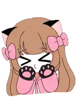 a drawing of a girl with cat ears and paws covering her face