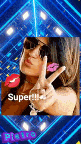 a picture of a woman giving a peace sign with the words super !!! written below her
