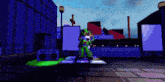 a cartoon character is standing on a dance floor with a boombox in the background