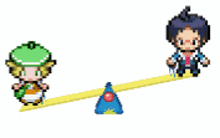 a pixel art of a boy and a girl standing on a seesaw .