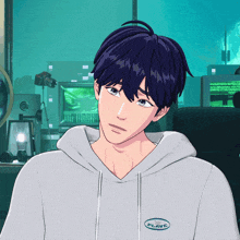 a cartoon character with a hoodie that says plave on it