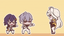 a cartoon of three anime characters standing next to each other .