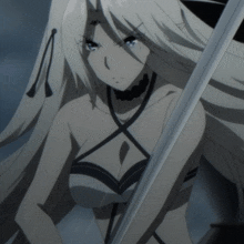 a woman with long white hair and a black choker holds a sword