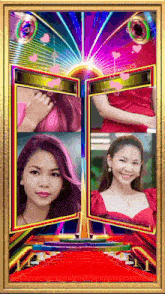 a picture of a woman in a red dress with a rainbow background