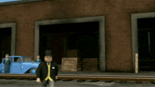 a cartoon character wearing a top hat stands in front of a blue car