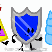 a blue shield with a face is surrounded by other shields with the caption on my way ! ahh shieldlawg