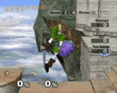 a screenshot of a video game shows a link holding a sword and a purple bag