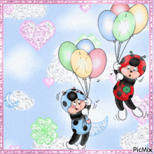a ladybug is holding a bunch of balloons and another ladybug is holding a lucky clover