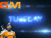 a cartoon character stands in front of a neon sign reading tuesday