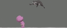 a cartoon drawing of a badger and a pink worm fighting each other .
