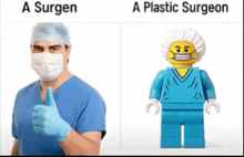 a surgeon wearing a mask and gloves is giving a thumbs up next to a lego surgeon .