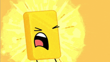 a yellow block with an angry face is standing in a grassy field