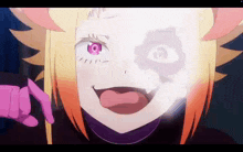 a close up of a girl with purple eyes and orange hair making a funny face with her tongue out .