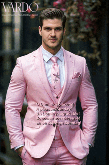 a man wearing a pink suit and tie is on the cover of vardo magazine