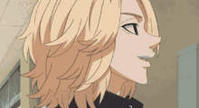 a close up of a blonde haired anime character