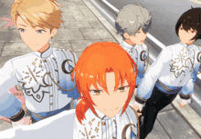 a group of anime characters are standing on a sidewalk and one of them has the letter c on his shirt